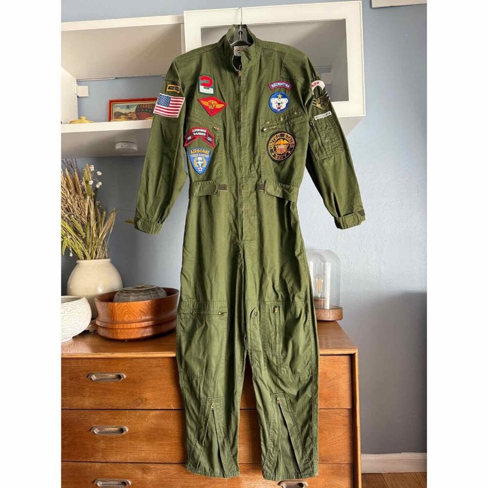 Vtg 70’s Chemin de fer Cotton Replica Flight Suit Jumpsuit Navy Patch Top Gun